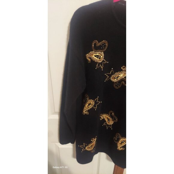 Evan Picone VTG Sweater Black Gold Beaded Lambs Wool Angora Rabbit Hair Jumper M - Picture 2 of 5